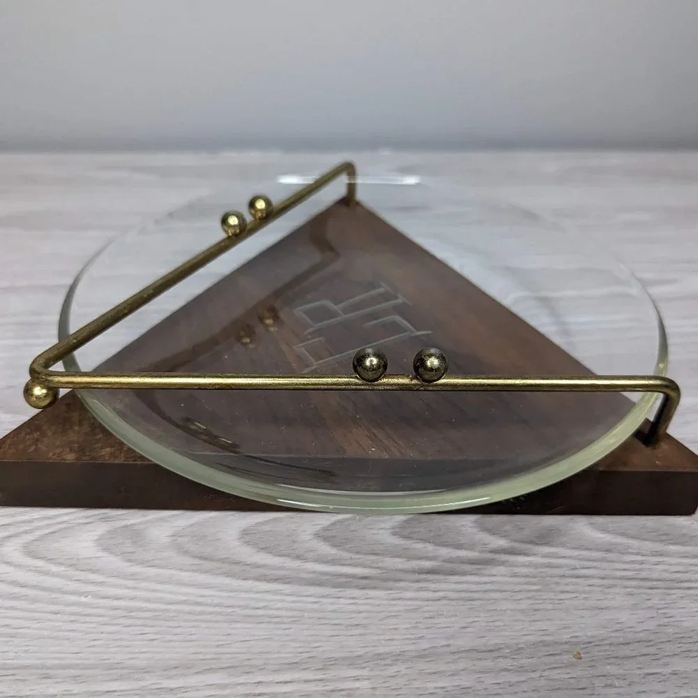 Vintage MCM Glass, Wood & Metal Ash Tray